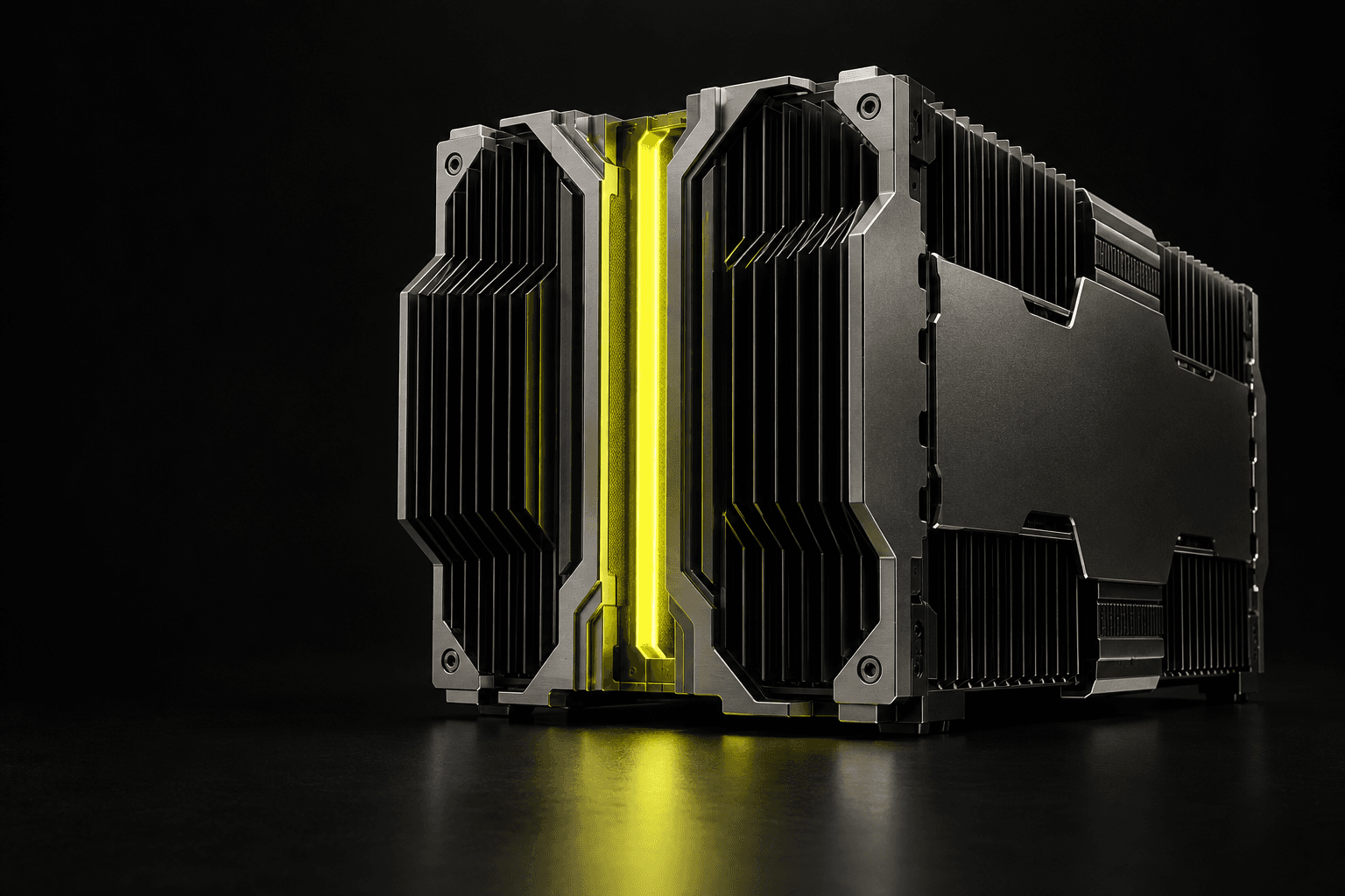 Sculptural graphite compute core with a luminous yellow spine