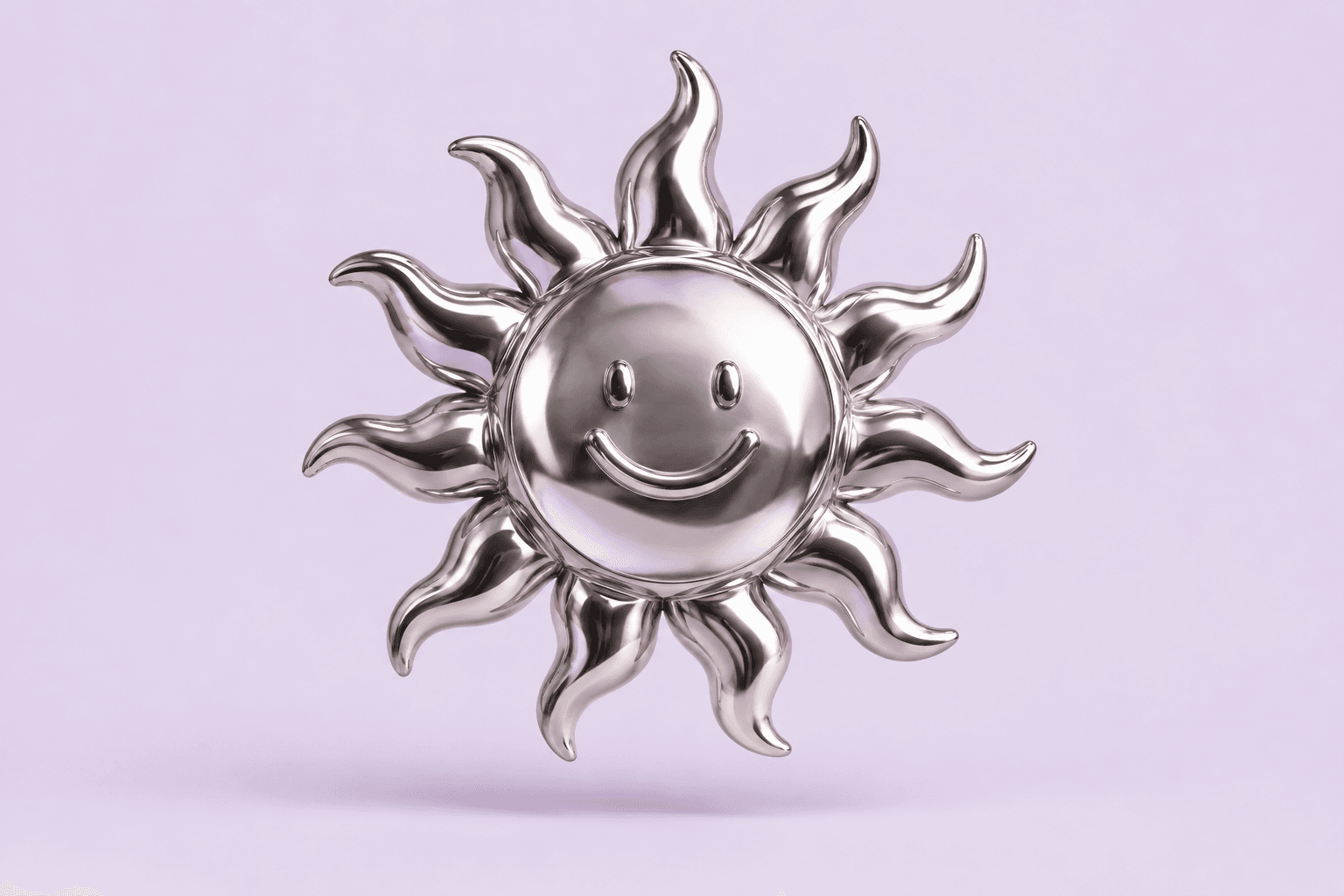 A smiling chrome sun sculpture with flowing silver rays
